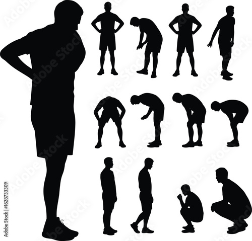 Silhouette poses of person in shorts, standing, squatting, bending, motion study, black white figure art, posture variation, exercise stance