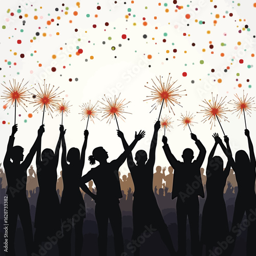 Crowd celebrating with sparklers and confetti vector illustration Colorful silhouettes of people at a party new year or holiday event