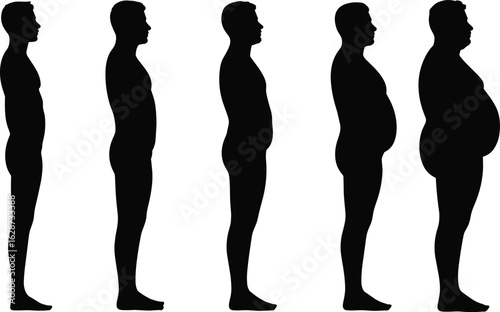 Silhouette sequence showing gradual weight gain in male profile, body fat progression concept for fitness, health, and obesity awareness