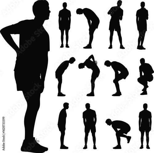 Silhouette poses of person, physical exertion, rest positions, standing, squatting, bending, leaning, black white figure art, motion study
