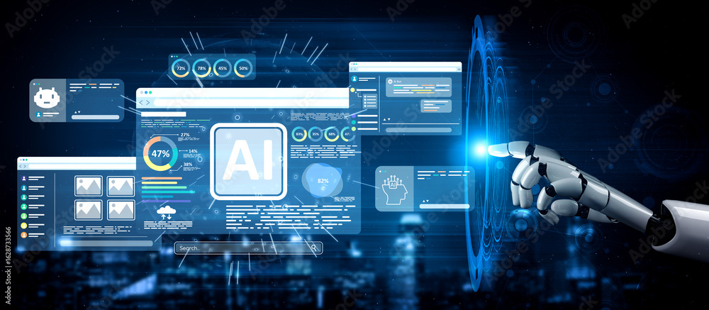 Obraz premium AI Assistant Brain Processor with LLM Technology, Big Data, Machine Learning, Generative AI for Business Support, Future Agentic AI Technology and Artificial Intelligence Prompt Engineering. Vouch