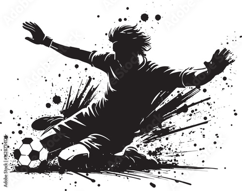  Energetic black and white illustration showcasing a soccer player performing a skillful move surrounded by artistic splatters and motion effects
