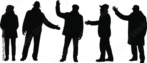 Silhouettes of five people in different standing poses, waving and offering handshakes, social interaction concept in black vector on white background