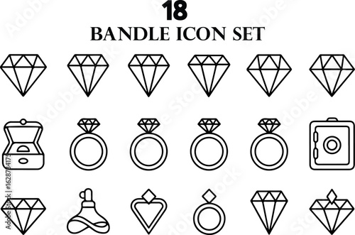 Collection of 18 outline jewelry and luxury icons with diamonds and rings vector