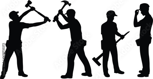 Silhouettes of four workers holding tools like hammer, shovel, and sledgehammer, labor and construction concept, vector on white background