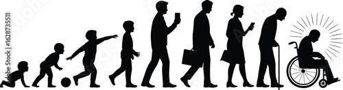 Silhouettes of human life stages, baby to elderly, aging timeline, physical evolution, black white art, generational journey, posture change