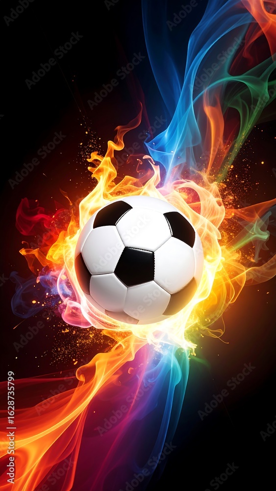 Naklejka premium Soccer ball in vibrant flames