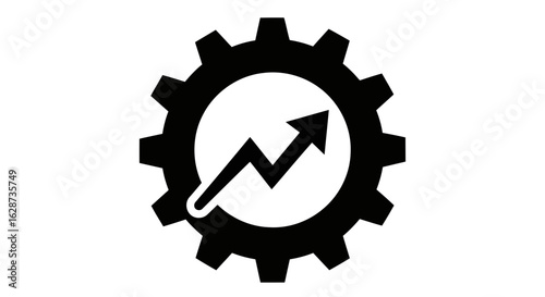 Vector art of a black gear icon with an upward trending arrow inside, symbolizing business growth and progress