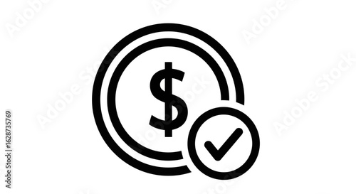 Vector art of a black and white icon depicting a coin with a dollar sign and a checkmark, symbolizing financial success or approval