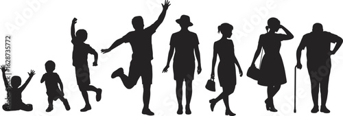 Silhouettes of human life stages, child to elderly, aging progression, black white art, growth timeline, generational evolution, posture change