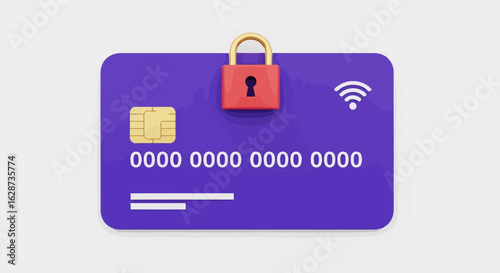 Vector art of a purple credit card with a red padlock on top, symbolizing financial security and protected payments