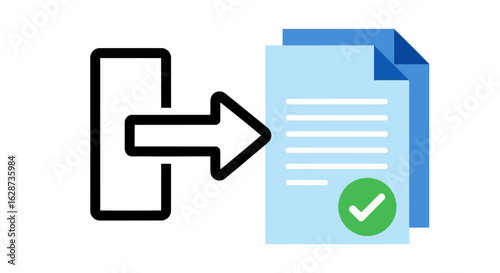 Vector art of an icon illustrating the process of uploading or transferring a document with a checkmark indicating approval