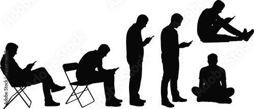 Silhouettes of people using phones, seated and standing poses, mobile device posture, black white art, digital lifestyle, tech habit