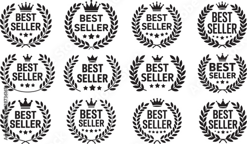 Best seller badge. Bestselling award icon with crown and stars. Transparent PNG and vector illustration set