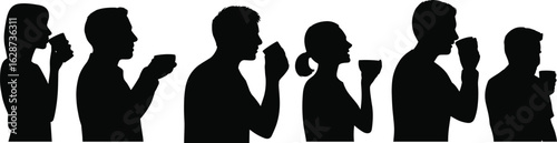 Silhouettes of six people drinking from cups in profile view, lifestyle and beverage habit concept, vector illustration on white background