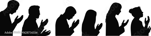 Silhouettes of six people with uplifted hands in prayer or meditation pose, spiritual unity concept in black vector on white background