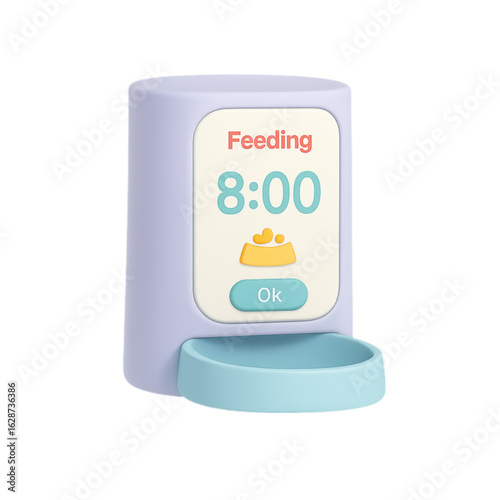 Modern pet feeder with digital timer and food bowl isolated on white background