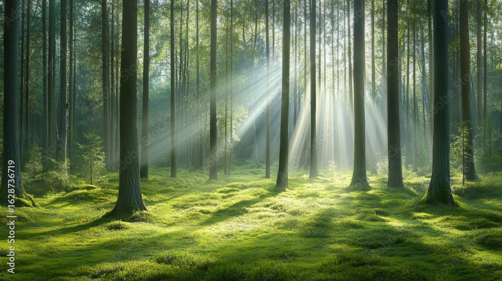 Obraz premium The forest comes alive in spring as sunlight pours through the green foliage of the trees