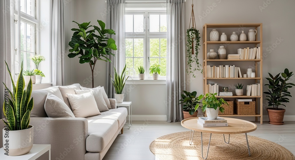 Fototapeta premium Bright and airy living room interior with plants and sofa