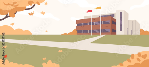 University yard in autumn cartoon background with building architecture and green park landscape
