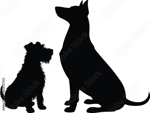 Silhouettes of two seated dogs, one shaggy and one sleek, peaceful pose on white background, contrast in breed and size