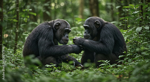 Photograph two chimpanzees engaging in grooming behavior in a jungle setting. Focus on social bonding, gentle interaction, and expressions of trust and care.

