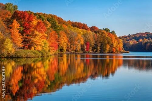Vibrant autumn forest reflects vivid colors on a serene lake under a clear sky
