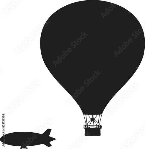 Hot air balloon and blimp vector silhouettes Black and white icons for air travel adventure or transportation concepts