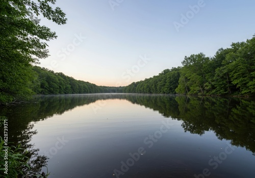 Serene lake reflecting a clear sky amidst lush green forested hills