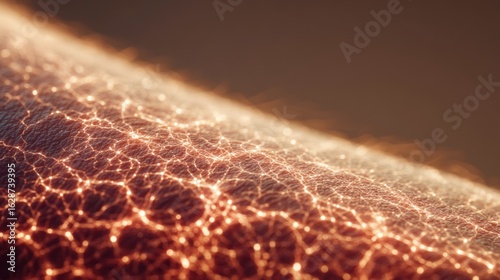 Macro shot of human skin with soft glowing overlay highlighting diminished sensation signals after prolonged exposure to a constant heat source.