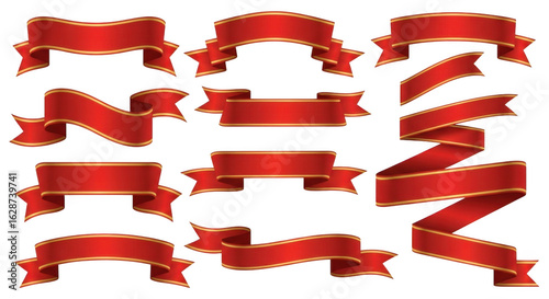 Collection of red and gold decorative ribbon banners on white isolated on transparent background