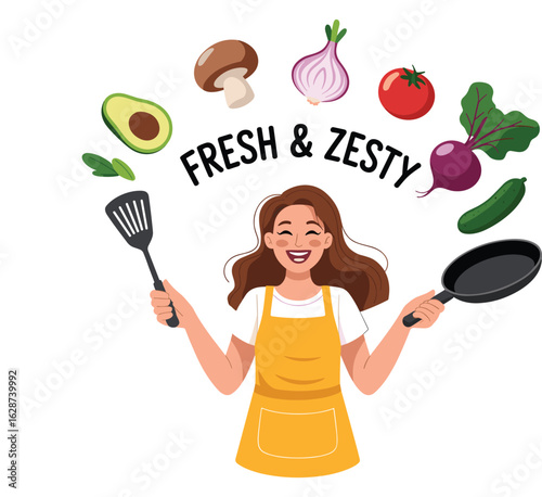 Fresh and zesty cooking scene with vegetables, person in yellow apron, holding frying pan and spatula, healthy home-cooked meal concept