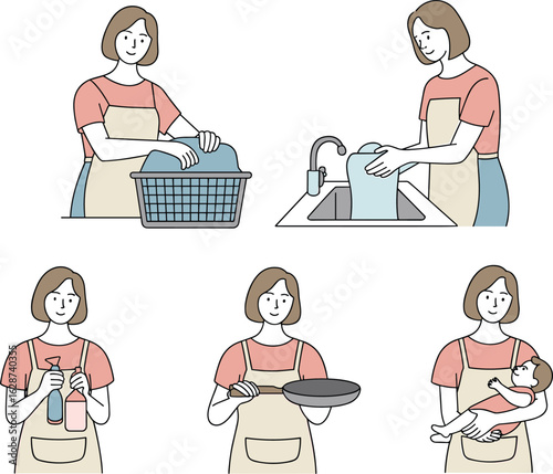 Illustrated person performing household chores and caregiving tasks, laundry, cleaning, cooking, baby care, daily routine, home responsibilities, lifestyle.