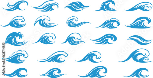 A large set of vector illustrations of blue waves, in different shapes and styles, for creative projects and design elements, isolated.