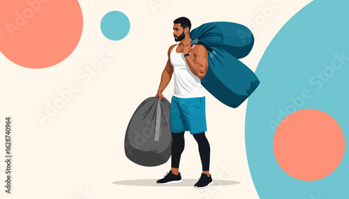 Vector illustration of a strong athletic man in sportswear carrying heavy bags, demonstrating physical fitness and an active lifestyle.