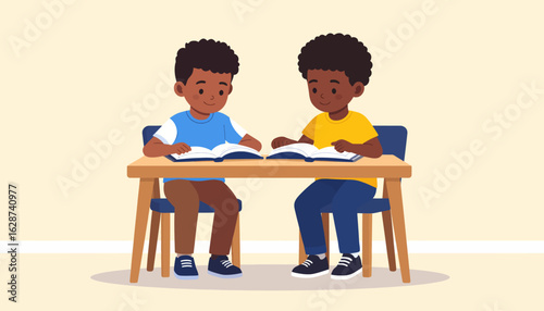Two young Black boys studying together, reading books side by side at a desk. An illustration of childhood education, literacy, and friendship.