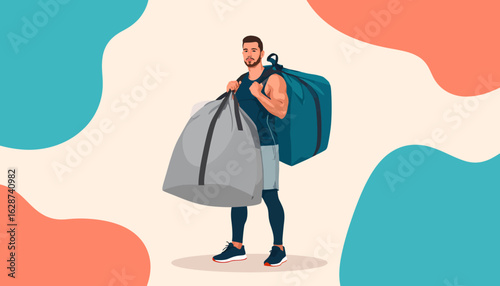 Fit man in athletic wear carrying two large, heavy bags, symbolizing a journey or preparation for a major event. Vector illustration.