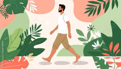 Serene barefoot walk through a botanical paradise. Flat vector illustration of a man embracing a healthy lifestyle and connecting with nature.