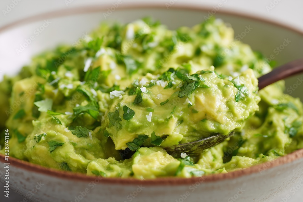 Close-Up of Spoon Scooping Guacamole from Ceramic Bowl in Bright Daylight Close-Up of Spoon Scooping Guacamole from Ceramic Bowl in Bright Daylight