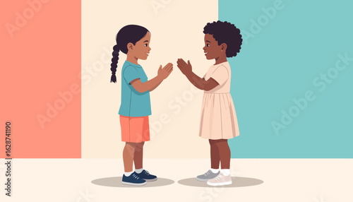 Two young African American girls playing a hand clapping game together. Vector illustration of childhood friendship and fun.