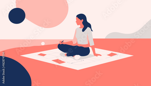 A focused woman sits cross-legged, meticulously planning a business strategy on a large diagram. This modern illustration represents creativity and development.
