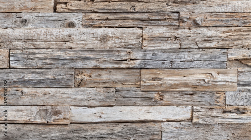 Naklejka premium Weathered wooden planks create a textured wall with an array of shades, revealing knots and grain patterns. This rustic backdrop emphasizes natural beauty and craftsmanship.