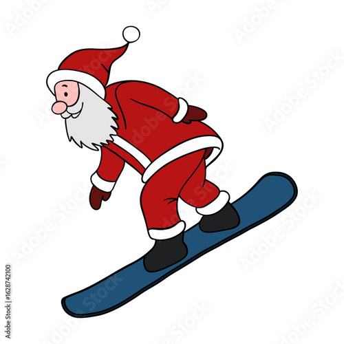 Christmas time eve. Santa Claus on snowboard with great mood. Snowboarding in wintertime holidays. Festive fun and cute element collection 