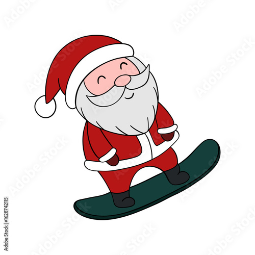 Christmas time eve. Santa Claus on snowboard with great mood. Snowboarding in wintertime holidays. Festive fun and cute element collection 