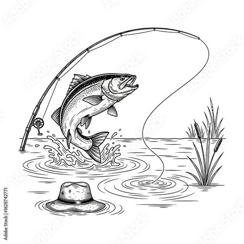 Jumping fish caught on a fishing rod. Vintage style fishing sport illustration.