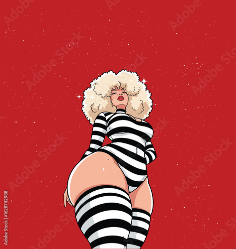 Stylish Curvy Woman in Black and White Striped Bodysuit on Red Background Vector Art