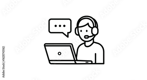 Helpline operator with headset and laptop, providing assistance and support through online communication, customer service