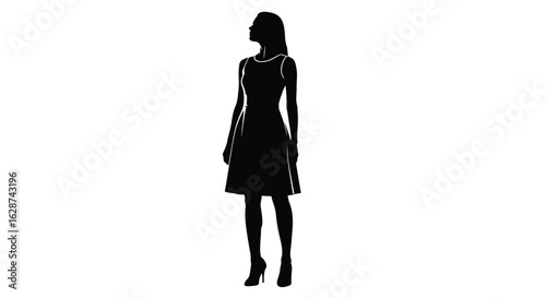 Black silhouette of a woman in a dress looking up, fashion, elegance