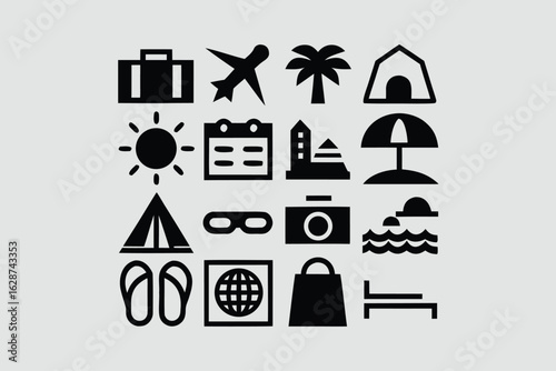 Holiday icon set. Containing vacation, plane, passport, hotel, palm tree, travel, beach, sunset, island and more. Solid vector icons collection.