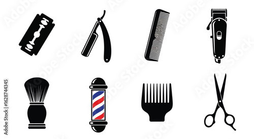 Black barber tools, razor, straight razor